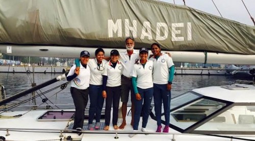 Indian Navy Sailing Vessel Mhadei Sailing with an All-Women Crew