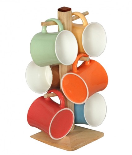 Tibros Multicoloured Bone China Mugs with Wooden Stand - Pack of 6