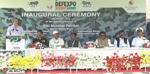 Defence Minister Shri Manohar Parrikar addressing at the inauguration of 9th Edition of Defexpo-16 at Goa on 28 Mar 2016