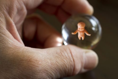 Hand holding marble with baby inside of it, horizontal