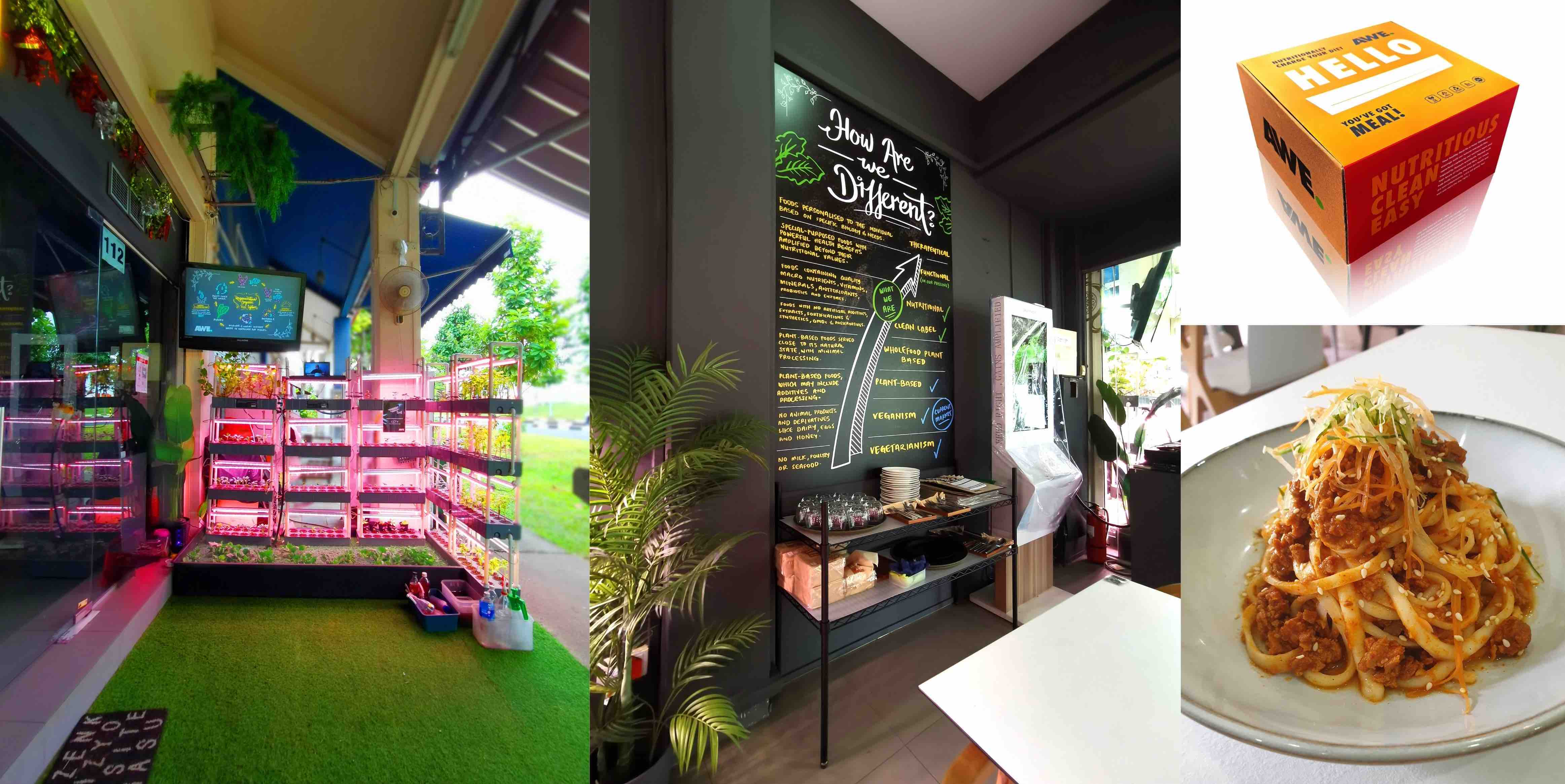 Entrance of AWE bistro (left), Interior of AWE bistro (centre), AWE Meal Plan Subscription box (top-right),Protein Noodles in Spicy Miso Beef Sauce (bottom-right)