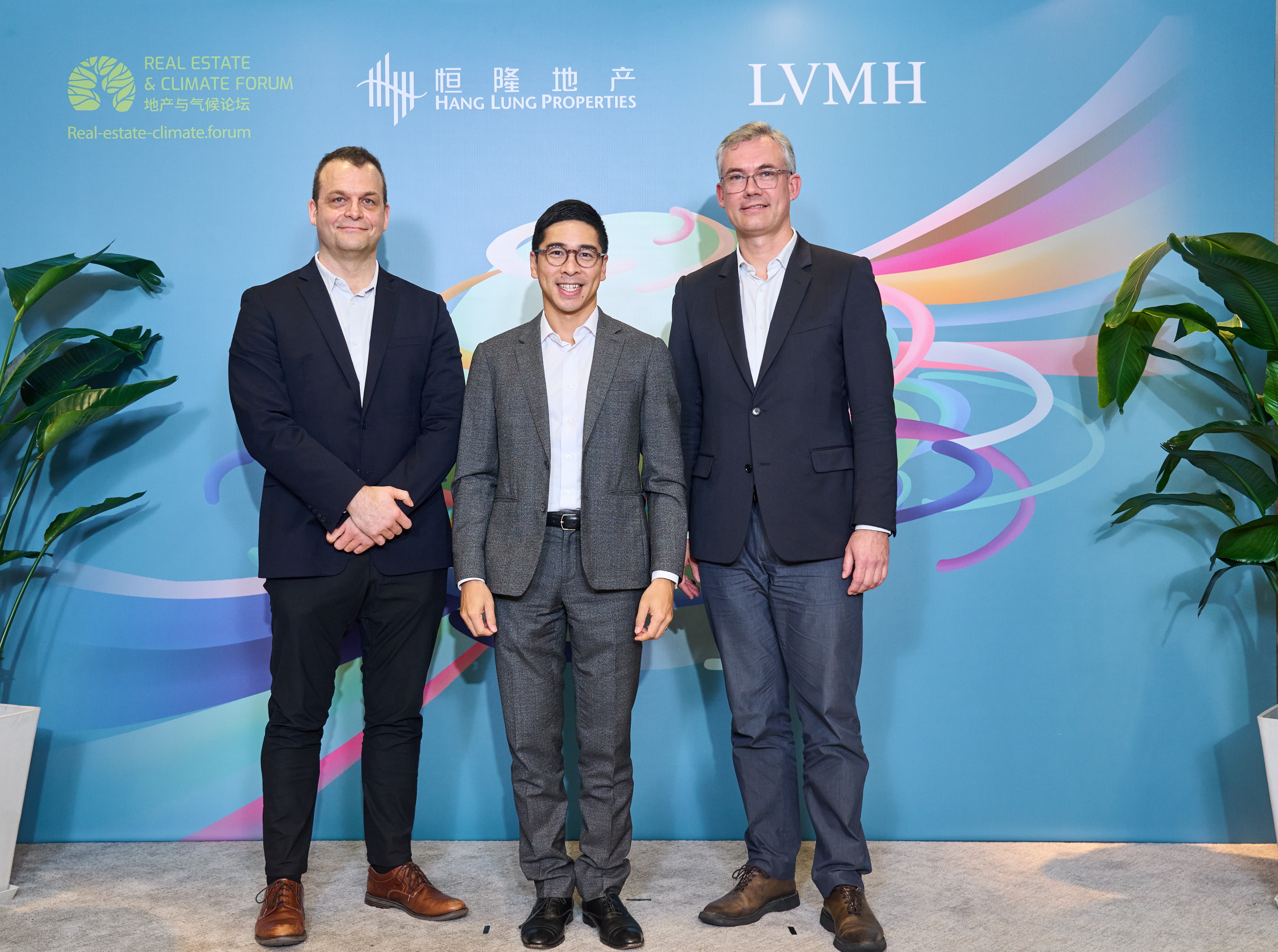 Mr. Adriel Chan, Hang Lung Properties Vice Chair and Chair of Sustainability Steering Committee (middle) joins the two-day Real Estate & Climate Forum and delivers his closing remarks. He is joined by Mr. John Haffner, Hang Lung Properties General Manager  Sustainability (left) and Mr. Nicolas Martin, LVMH Sustainable Store Planning Manager (right)