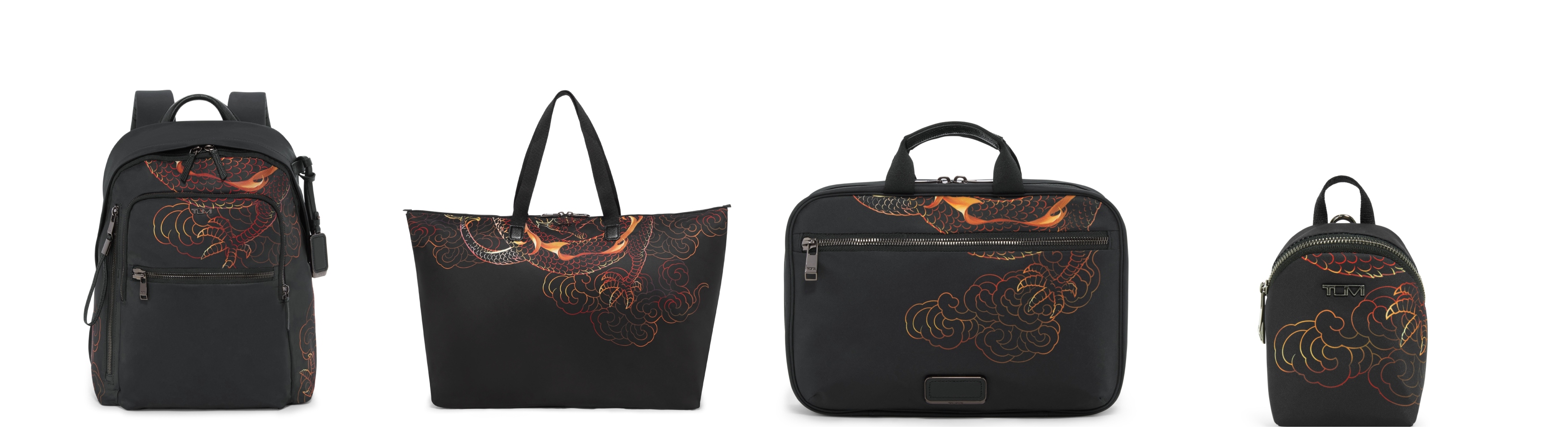 (L to R): Voyageur Halsey Backpack in Dragon Print, Voyageur Just In Case® Tote in Dragon Print, Voyageur Madeline Cosmetic in Dragon Print and Voyageur Charm Pouch in Dragon Print