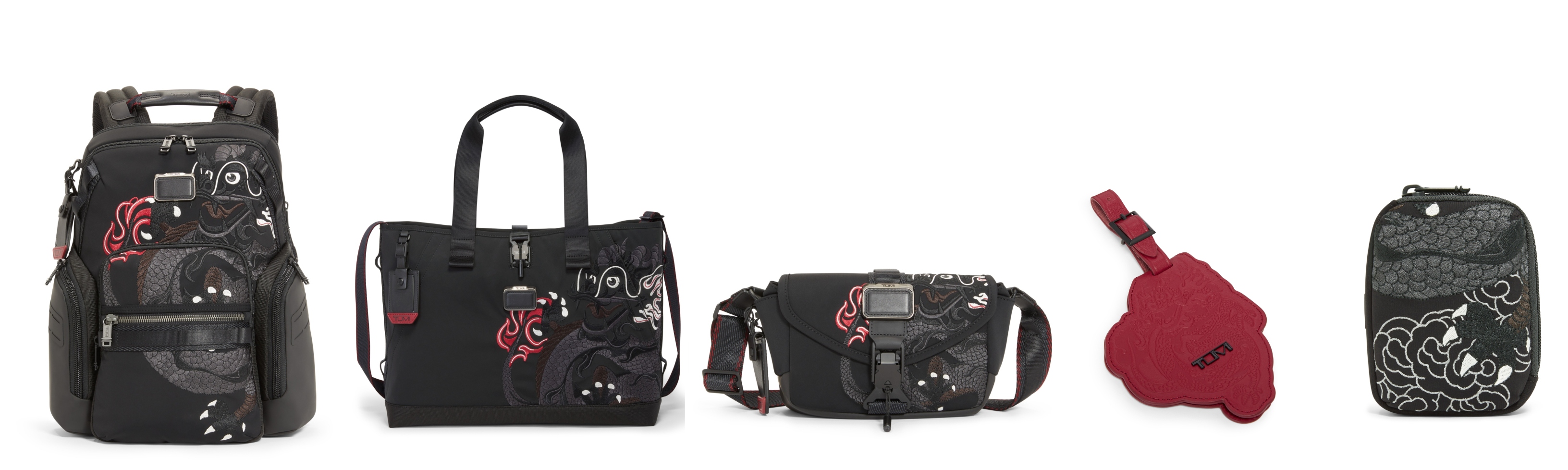 (L to R): Alpha Bravo Navigation Backpack in Dragon Print, Alpha Bravo Retreat Tote in Dragon Print, Alpha Bravo Compass Crossbody in Dragon Print, TUMI+ Luggage Tag in Dragon Print and TUMI+ Modular Accessory Pouch in Dragon Print