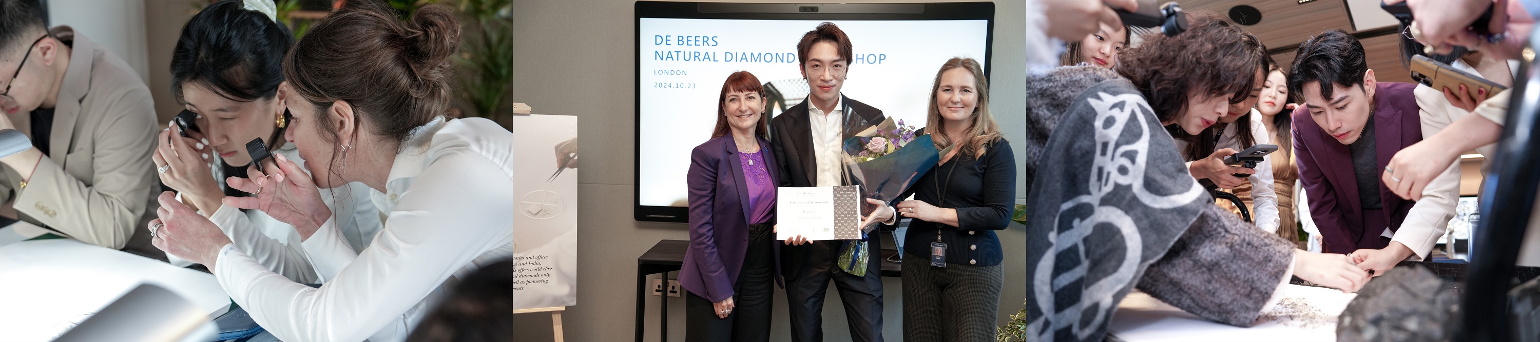 From left to right - Experts from De Beers Institute of Diamonds instructing media to use appraisal techniques; Sandrine Conseiller (far left), CEO of De Beers brands and Jodine Bolden, Director of Education of De Beers Institute of Diamonds (far right) presenting natural diamond workshop certificate to media; Influencers admiring rough coloured natural diamonds.