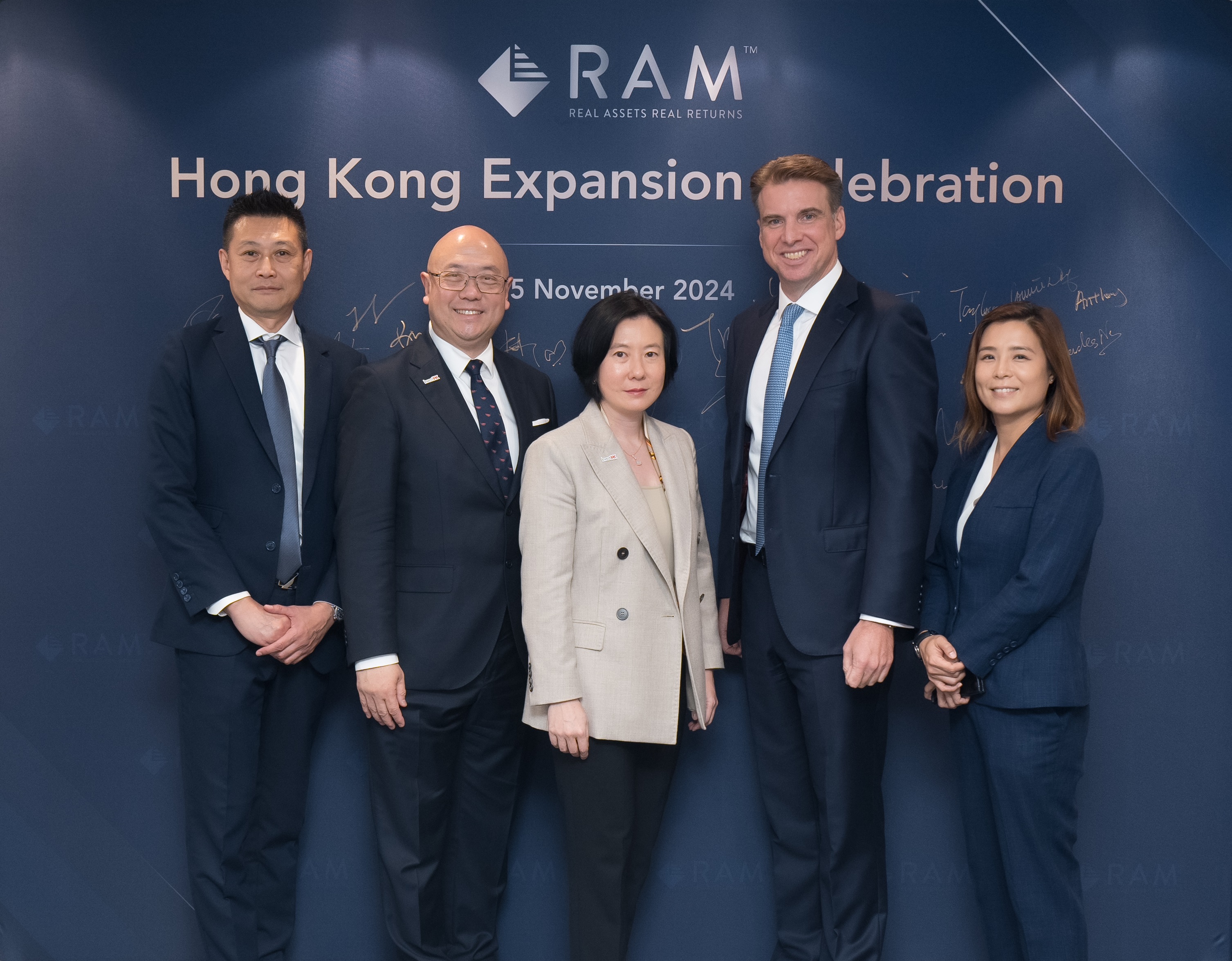 From left to right: Mr. William Chai (RAM Managing Director), Mr. Charles Ng (Associate Director-General of Investment Promotion), Ms. Alpha Lau (Director-General of Investment Promotion), Mr. Scott Wehl (RAM Founder and Executive Chairman), Ms. Agnes Liu (RAM Executive Director)