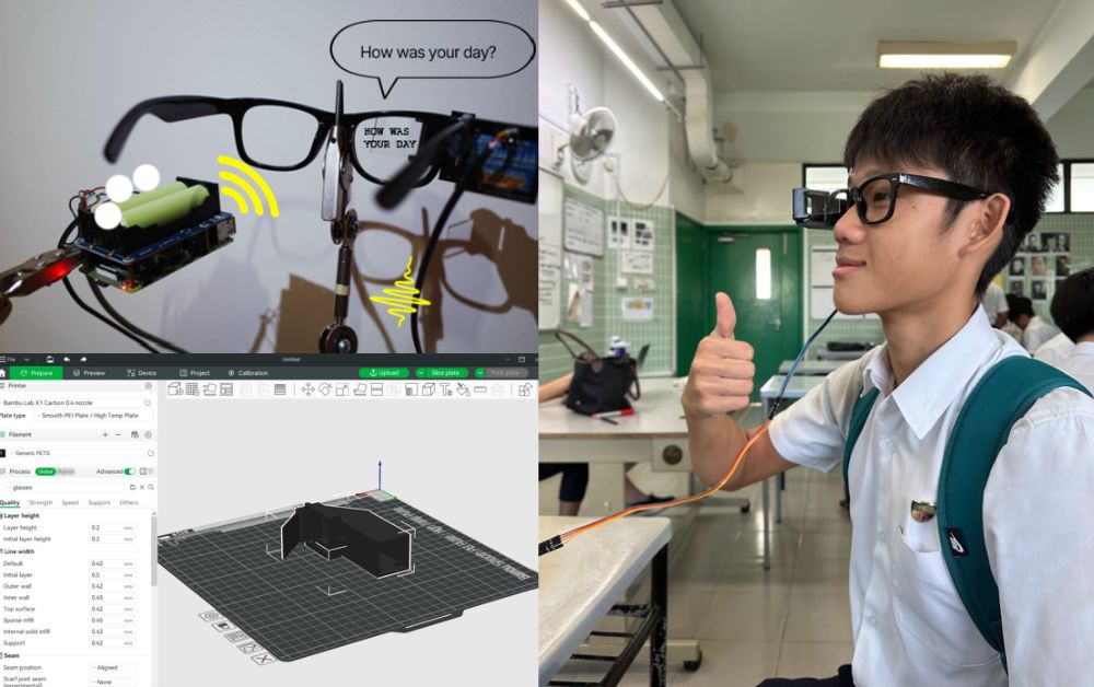 (From left) Prototype for SilentGuide, a student trying out SilentGuide, and the 3D printing process while developing the SilentGuide prototype